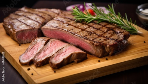 Close up of mouthwatering ribeye steak slices, perfectly cooked to juicy tenderness and rich flavor