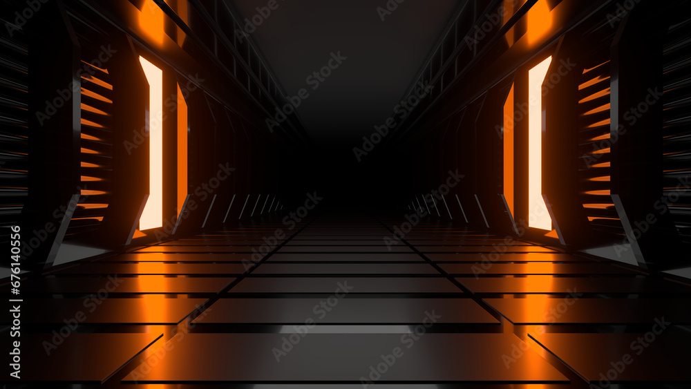 Fototapeta premium Sci Fi neon glowing lines in a dark tunnel. Reflections on the floor and ceiling. 3d rendering image. Abstract glowing lines. Technology futuristic background.