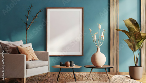 large mockup vertical frame on turquose wall within a modern rustic minimalist living room interior background with wooden styles. photo