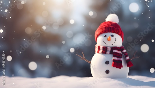 Christmas greeting card and winter background with copy space for text. Happy snowman with snow and blurred bokeh lights. Generative AI.