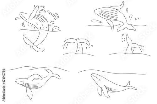 Set with whales, World Whale Day banner or card, doodle style flat vector outline for coloring book