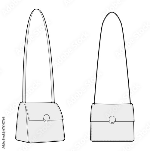 Carry Cross-Body Mini Bag. Fashion accessory technical illustration. Vector satchel front 3-4 view for Men, women, unisex style, flat handbag CAD mockup sketch outline isolated