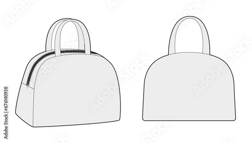 Bowling Tote silhouette bag. Fashion accessory technical illustration. Vector satchel front 3-4 view for Men, women, unisex style, flat handbag CAD mockup sketch outline isolated