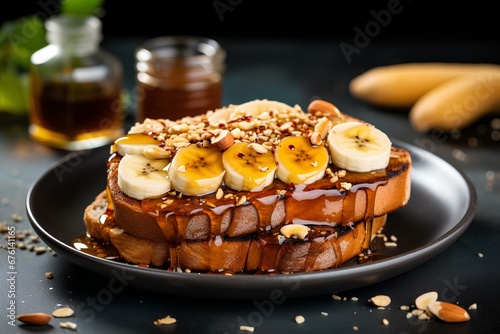 Banana peanutbutter toast topped with chia seed, honey and almonds on a plate. generative AI photo