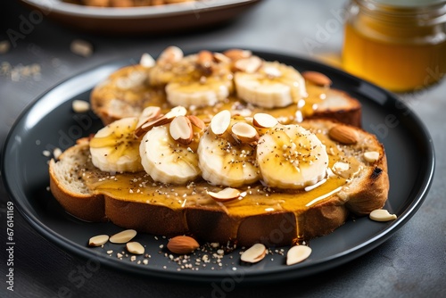 Banana peanutbutter toast topped with chia seed, honey and almonds on a plate. generative AI photo
