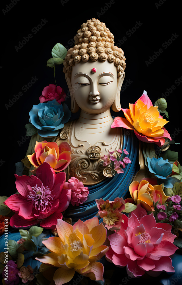 Colorful flower with Buddha statue