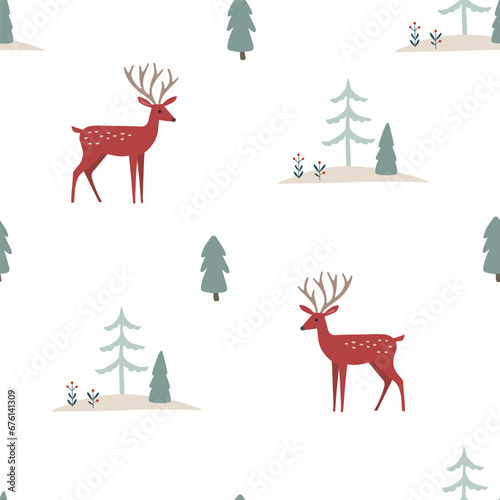 Scandinavian Christmas seamless pattern. Winter fabric, textile design. Red reindeers, trees, woodland. Decorative hand drawn wrapping paper. Animal kids illustration. White vector background.