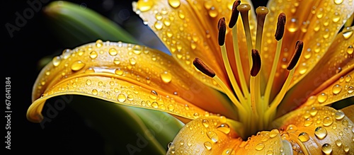 In the vibrant summer garden the macro shot of a yellow floral beauty captures the intricate details of its petals stamen and pistil while the delicate stigma and sepals accentuate the allur