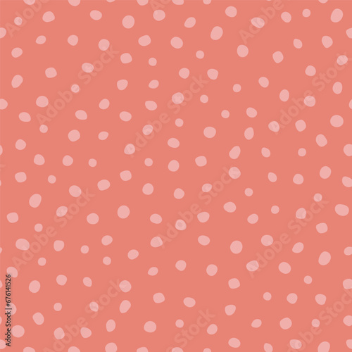 Hand drawn seamless polka dot background. Red spotted textile, fabric design. Cute texture, pastel colors. Backdrop with little circles. Abstract geometric organic shapes.