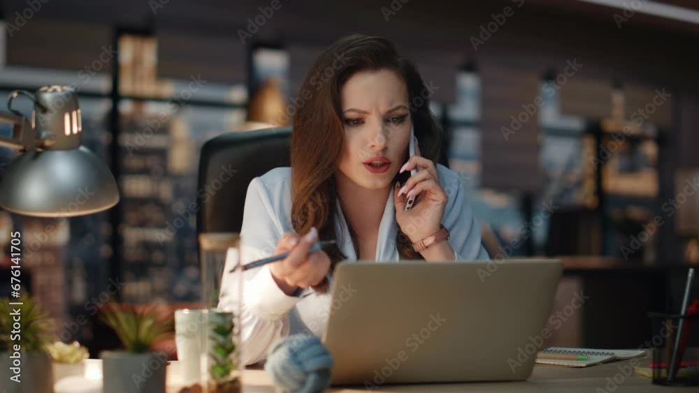 Positive manager speaking mobile phone at windows office. Business woman calling