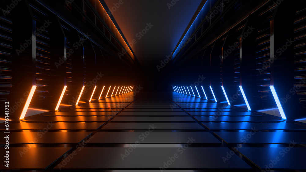 Naklejka premium Sci Fi neon glowing lines in a dark tunnel. Reflections on the floor and ceiling. 3d rendering image. Abstract glowing lines. Technology futuristic background.