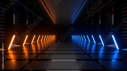 Fototapeta Naklejka Na Ścianę i Meble -  Sci Fi neon glowing lines in a dark tunnel. Reflections on the floor and ceiling. 3d rendering image. Abstract glowing lines. Technology futuristic background.