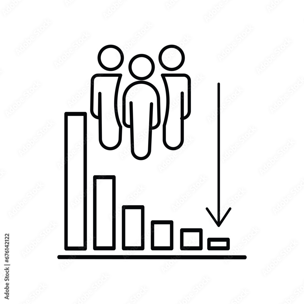 decrease population icon, less people, decline amount, demography drop, thin line symbol on white background - editable stroke vector decrease population icon, less people, decline amount, demography drop, thin line symbol on white background - editable stroke vector