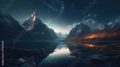  Beautiful mountain and lake. Created with generative AI. 