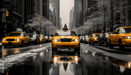 Bustling downtown new york city street with yellow taxis in motion, captured in 16k super quality