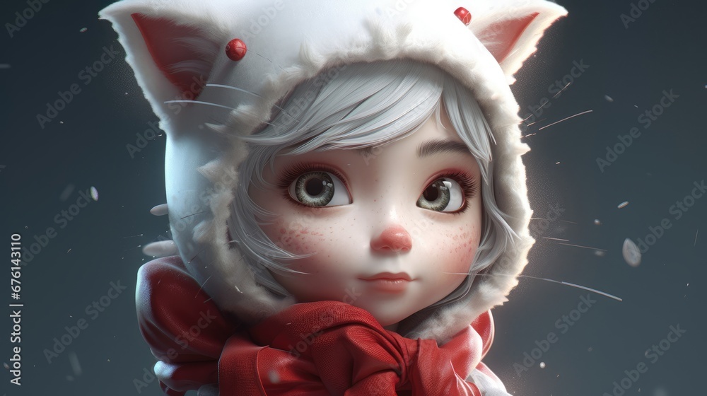 Little girl with a cat hat and scarf. Created with Generative AI. Stock Illustration Adobe Stock