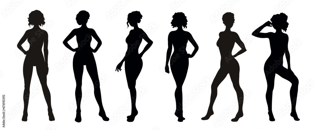 Black Silhouettes in full length of a slender naked female body. Vector illustration set Black Silhouettes in full length of a slender naked female body. Vector illustration set