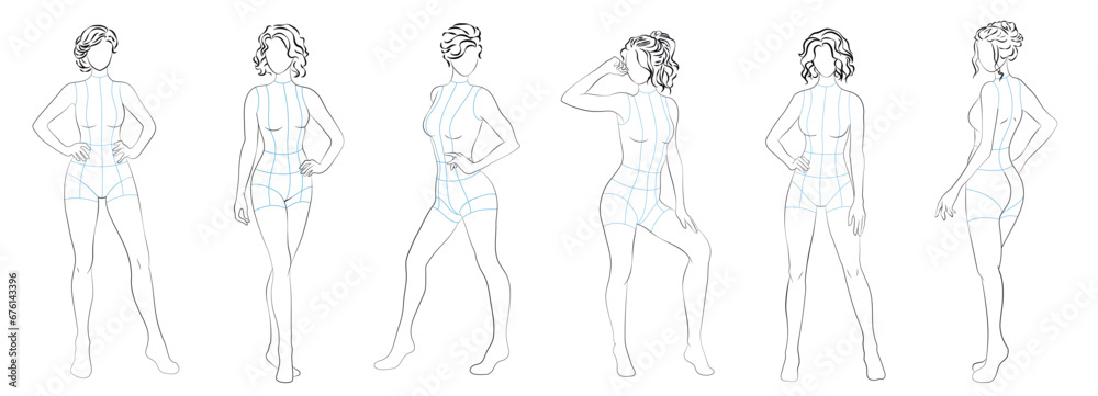 Female body mannequin with hairstyles. Template for fashion sketch ideas of women's clothing. Fashion design. Luxury outline vector illustration set