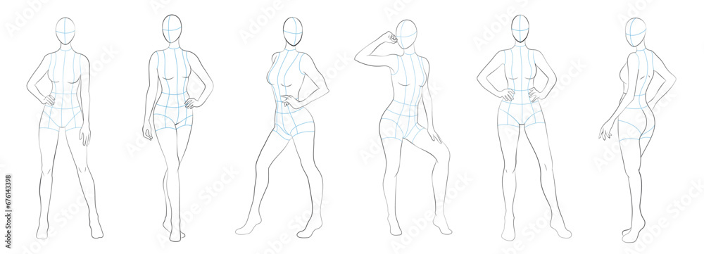 Female body mannequin. Template for fashion sketch ideas of women's clothing. Fashion design. Luxury outline vector illustration set - obrazy, fototapety, plakaty 