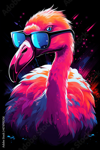 cooler crazy Flamingo Vogel mit Sonnenbrille in Partystimmung mit guter Laune. Hochkant. Hochformat. Generative Ai. photo