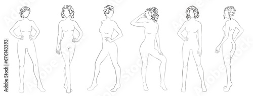Beautiful naked Female body. Woman model fashion style with hairstyles. Outline drawing vector illustration set
