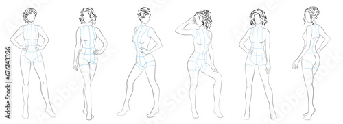 Female body mannequin with hairstyles. Template for fashion sketch ideas of women's clothing. Fashion design. Luxury outline vector illustration set