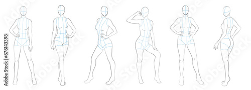 Female body mannequin. Template for fashion sketch ideas of women's clothing. Fashion design. Luxury outline vector illustration set