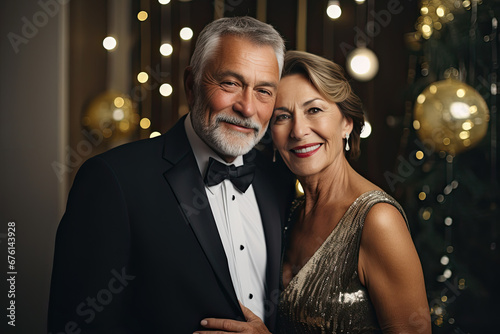 Pareja de hombre y mujer, mayores de 50, vestidos de gala para celebrar año nuevo, con fondo desenfocado de un hotel lujoso. Concepto celebraciones photo