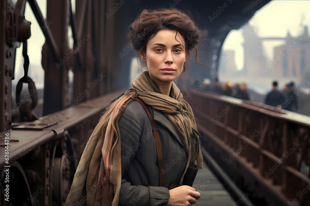 poor immigrant woman on iron bridge in New York in approximately 1900 poor immigrant woman on iron bridge in New York in approximately 1900