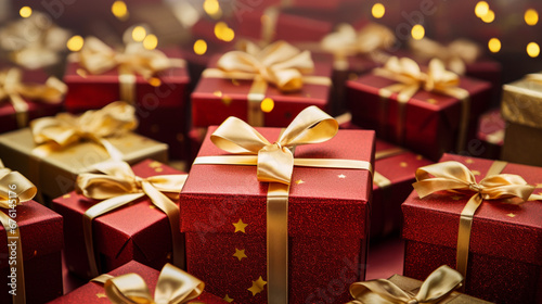 Unwrap the magic: A stunning array of red and gold presents, bedecked with golden bows, awaits the joy of revealing its treasures. Ideal for festive celebrations and special moments. photo