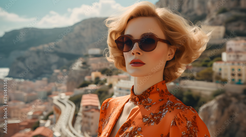 A woman with fair skin and curly blonde hair stands atop a cliff, gazing over a coastal city below