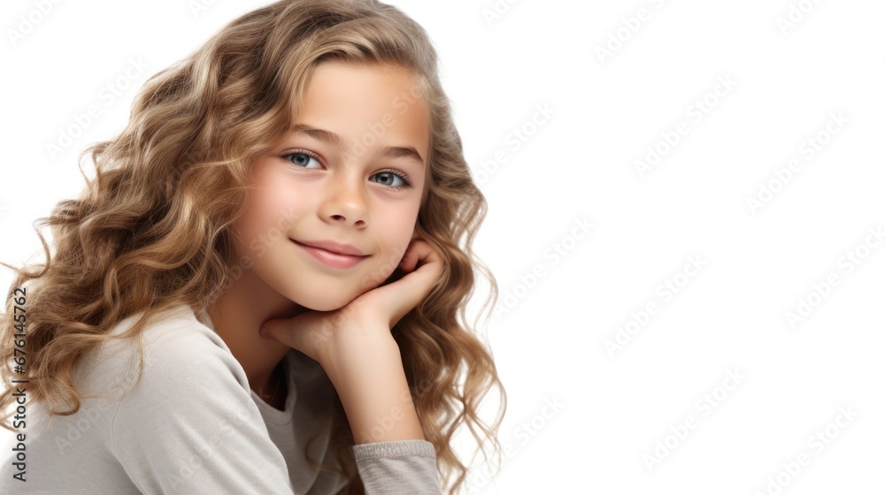 Fototapeta premium closeup photo portrait of a beautiful young children American model teen girl looking forward. child ad with copy space.