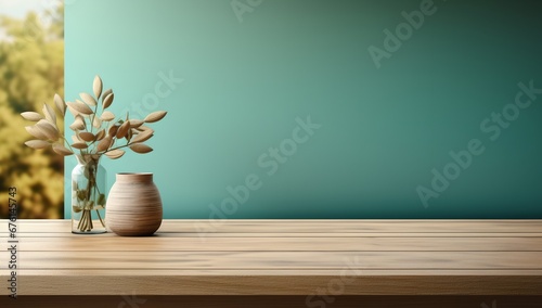 Light colored wooden surface on green background photo