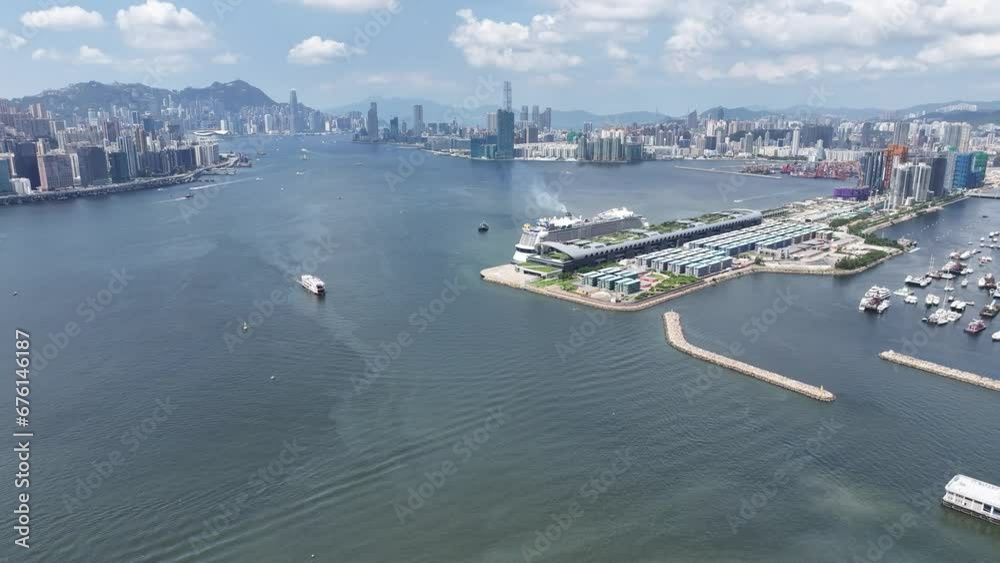 Drone Aerial Skyview of Royal Caribbean Spectrum of the seas Mega Luxury Cruise Ship dock anchor in Commercial construction development project in Kai Tak Sports Park Cruise Terminal in Kwun Tong Kowl Drone Aerial Skyview of Royal Caribbean Spectrum of the seas Mega Luxury Cruise Ship dock anchor in Commercial construction development project in Kai Tak Sports Park Cruise Terminal in Kwun Tong Kowl
