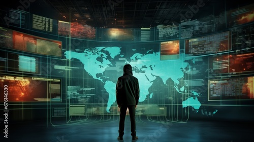 a lone figure standing in front of a large screen displaying classified information, hinting prevailing surveillance in digital age. photo