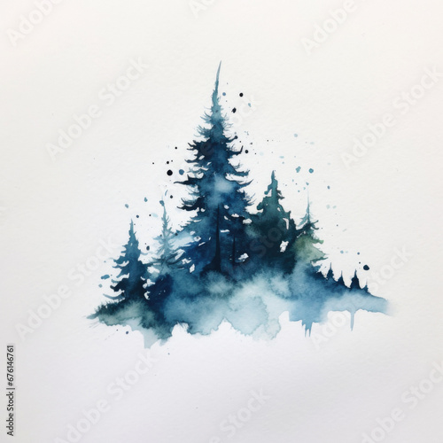 Beautiful delicate watercolor painting of pine trees