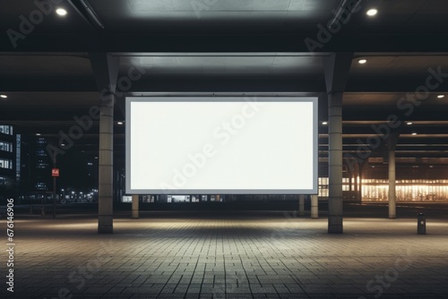 An empty poster billboard in front of a train station. Generative AI