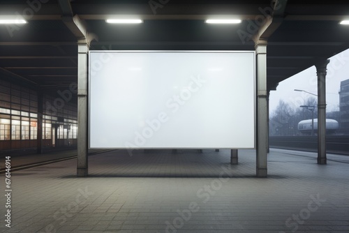 An empty poster billboard in front of a train station. Generative AI