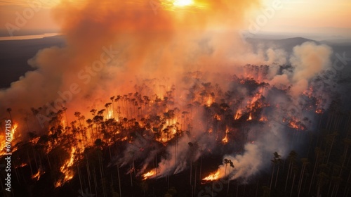 Forest fire in the Amazon rainforest seen by drone. Generative AI