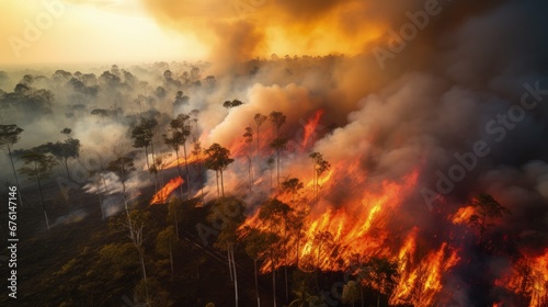 Forest fire in the Amazon rainforest seen by drone. Generative AI © Ilugram