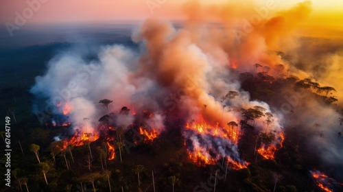 Forest fire in the Amazon rainforest seen by drone. Generative AI