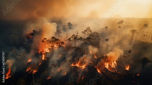 Forest fire in the Amazon rainforest seen by drone. Generative AI