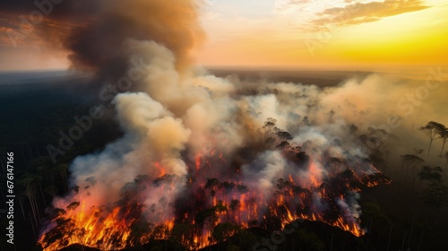 Forest fire in the Amazon rainforest seen by drone. Generative AI