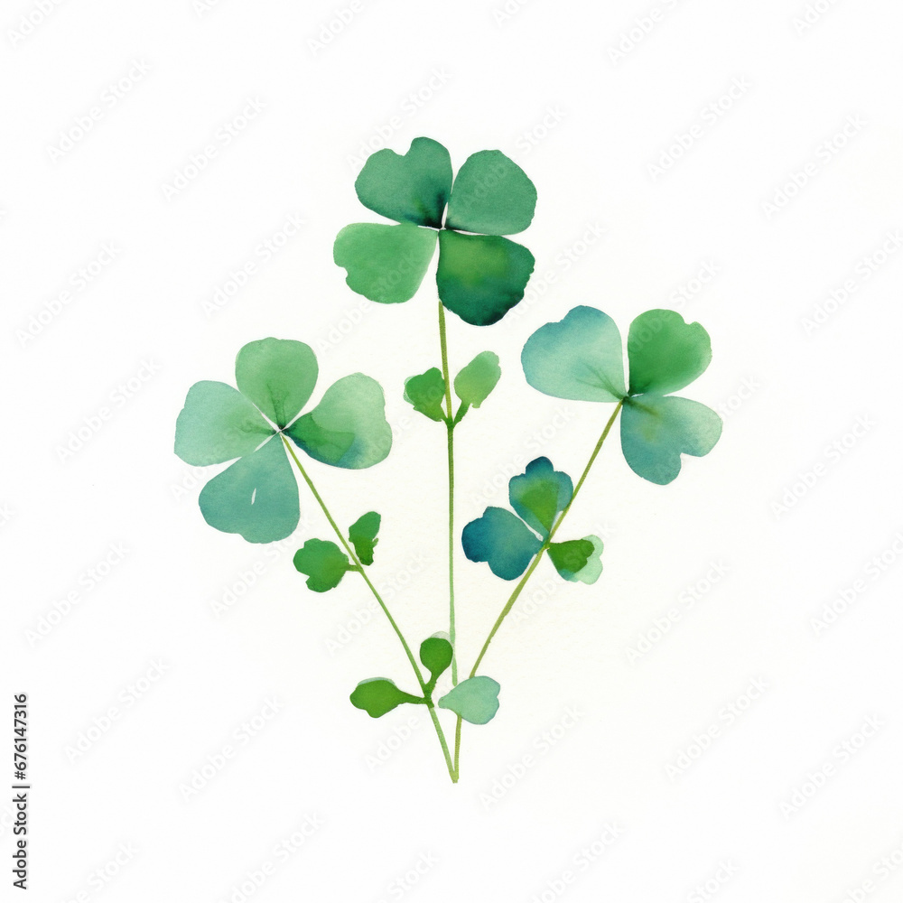 Beautiful delicate watercolor painting of a green branch of clover leaves