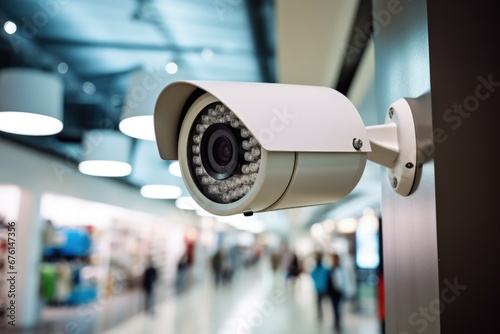 Security camera seen up close on a wall inside a shopping mall. Generative AI