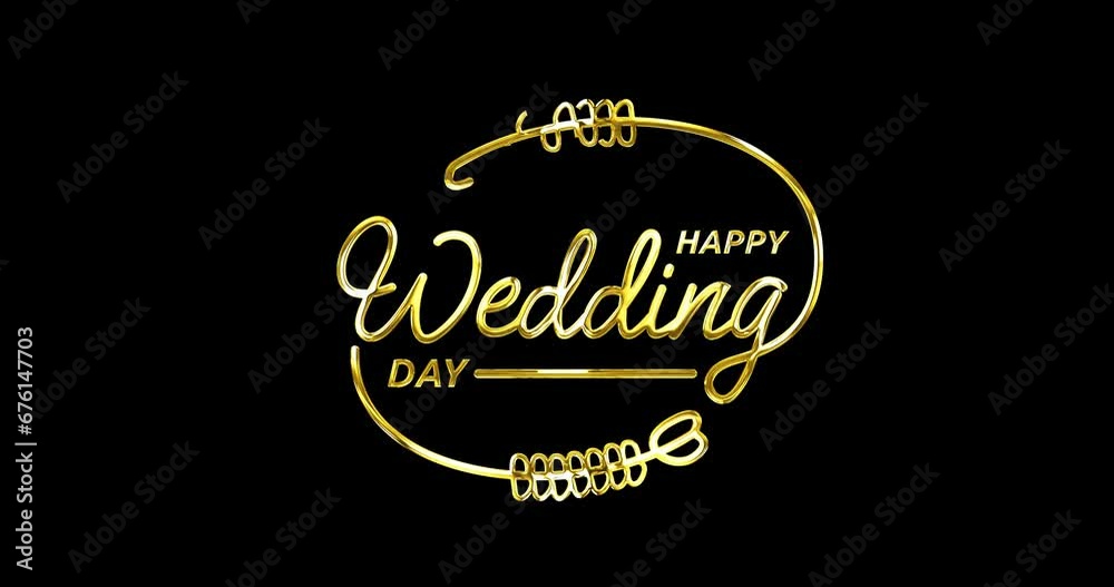 Happy Wedding Day text animation with alpha channel. Handwriting text calligraphy monoline style animated in gold color with alpha matte. Great for greeting videos and congratulations on your new life