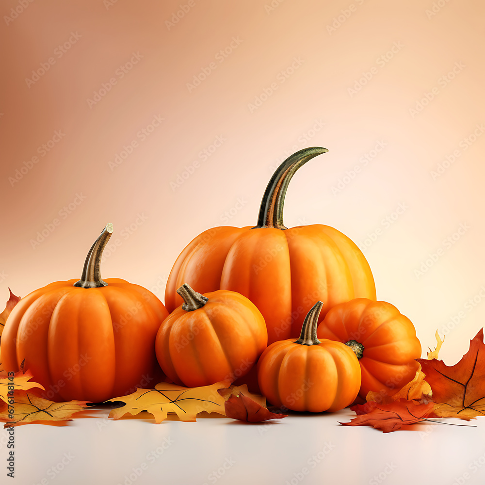 Orange pumpkins and fall leaves Generative AI Orange pumpkins and fall leaves Generative AI