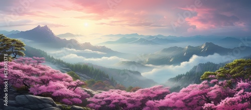 In the picturesque landscape of Korea s mist covered mountains vibrant pink azaleas add a splash of color against the ethereal backdrop of blooming flowers and enveloping fog photo