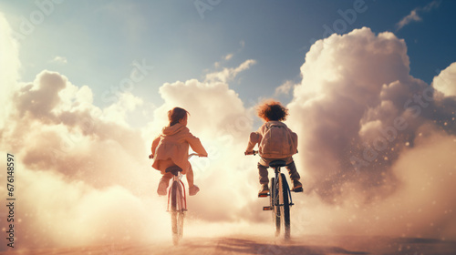 雲がいっぱいの中を自転車で走る子供2人の後ろ姿、コピースペース、余白,空白