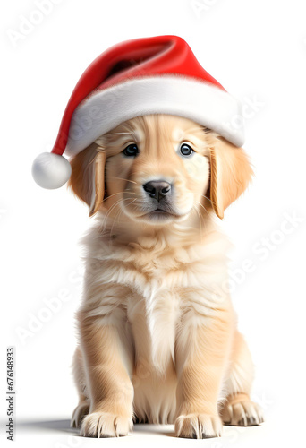 Cute golden retriever puppy dog wearing a Santa hat isolated on white background.